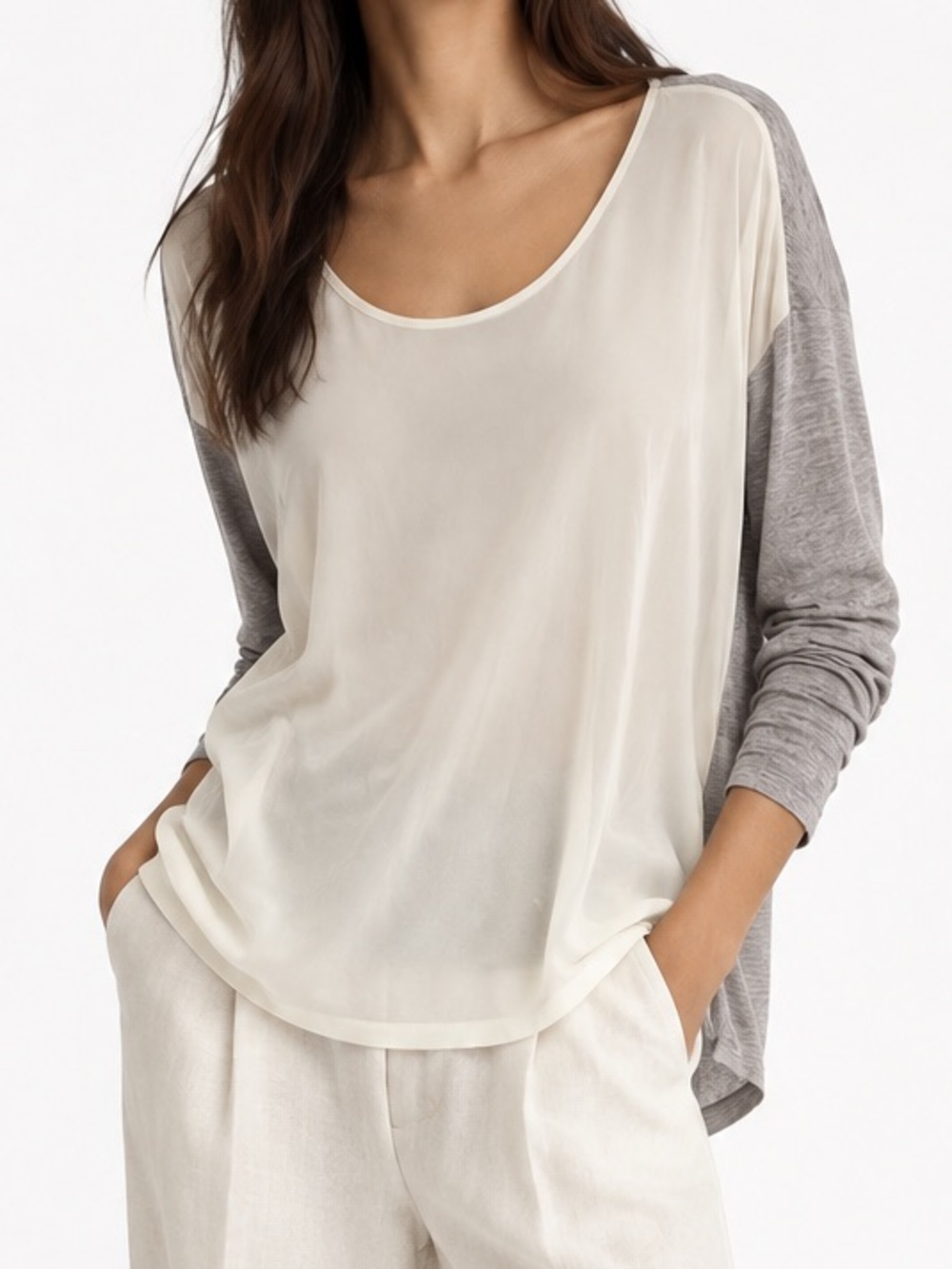 Aritzia Wilfred Cream and Taupe/Grey Long Sleeve Silk size Small